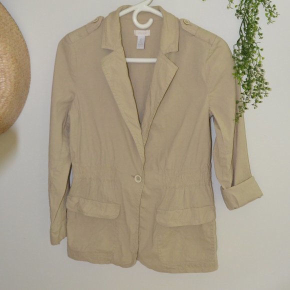 Chico's Tan Khaki Safari Blazer Linen Blend Stretch Pockets Womens Size 0 - Picture 2 of 12